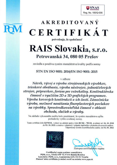 Certifikát - Strojárska a zámočnícka výroba | RAIS Slovakia, s.r.o.